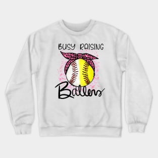 Busy Raising Ballers, Baseball, Softball Mom with Pink Cheetah Bow Design Crewneck Sweatshirt